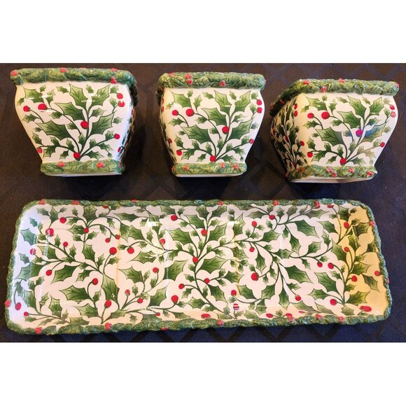 Handpainted Ceramic Holly Berry Planter Set With 3 Square Pots & Tray Holiday De - Picture 2 of 10